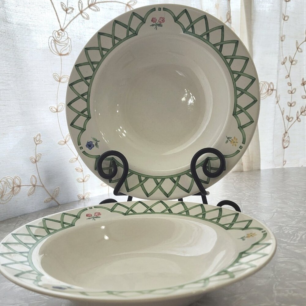 2 Pfaltzgraff Garden Trellis Soup Bowls 8" country green design flower buds